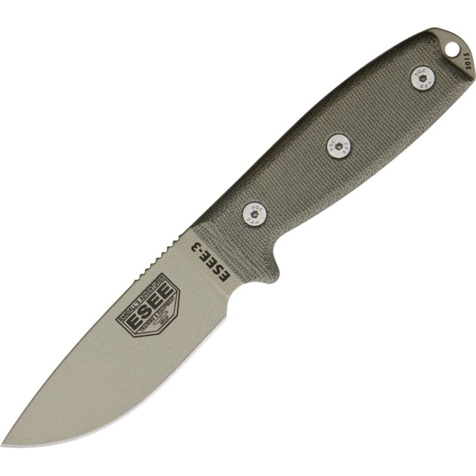 ESEE Model 3 Desert Tan MP Plain Edge / OD Green Sheath Knife (3PM-DT)