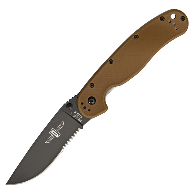 Ontario RAT-1 Folder Coyote Brown Black Serrated - 8847CB